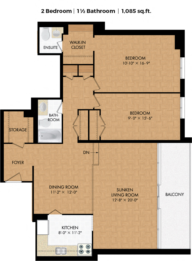 Floor plan for 2 beds, 1.5 baths, 1148 sqft